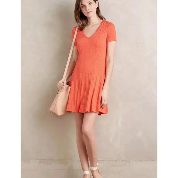 Anthropologie Dolan Ribbed Vneck Short Sleeve Fit And Flare Coral Dress - Picture 2 of 13